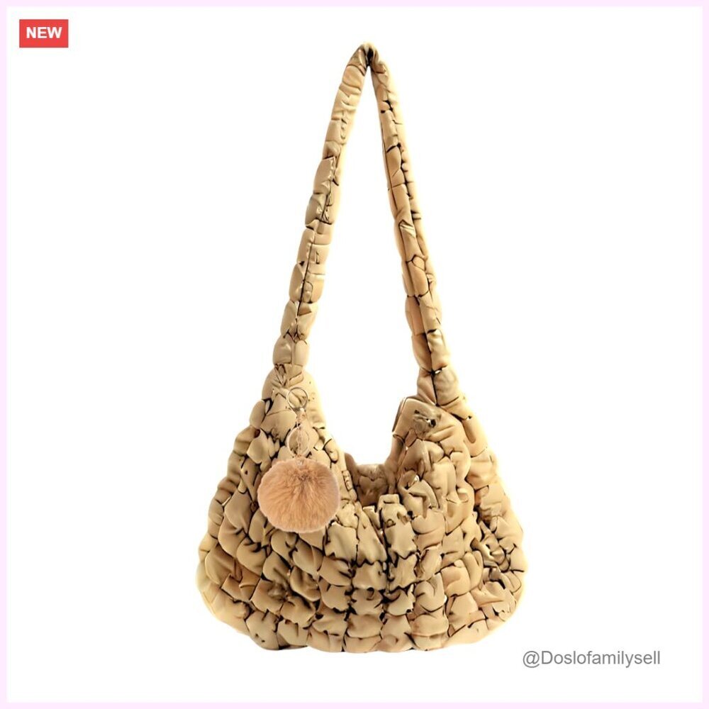 Large Quilted Puffer Tote Bag with Faux Fur Keychain, Lightweight Nylon